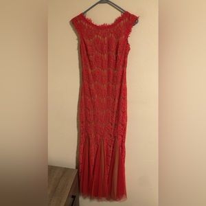 Formal Sleeveless Coral Lace Gown (Size 2)